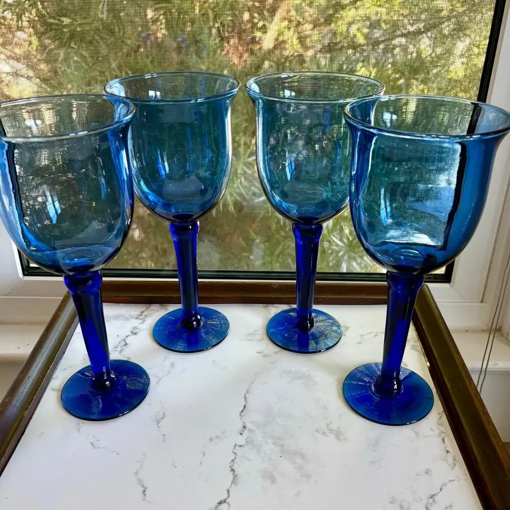 Vintage Mexican Blue Glass Goblets Set of 4 Tall Stemware